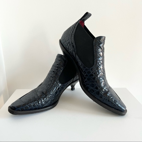Sies Marjan navy croc embossed kitten heel square pointed toe pull on half boots